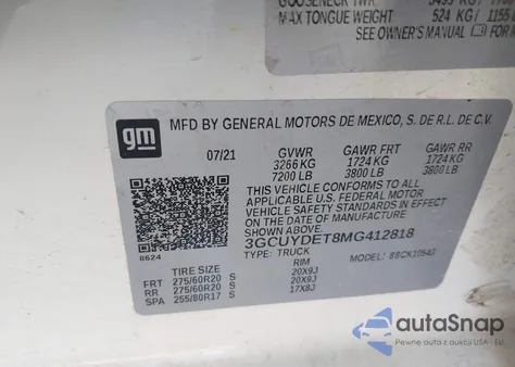 2021 Chevrolet Silverado 1500 4Wd Short Bed Lt z USA, uszkodzony, nr VIN 3GCUYDET8MG412818